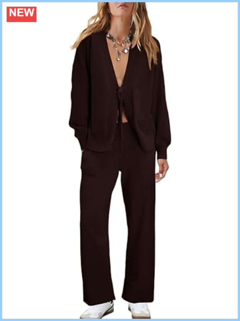 Knit Cardigan & Pant Set V-Neck Tie Front Loungewear